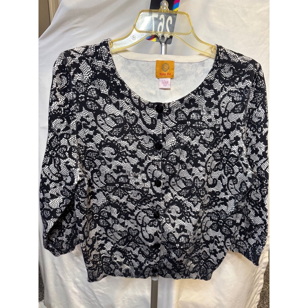 267 Ruby Rd Womens‎ Black White Lace Print Button Front Cardigan Sweater Size L